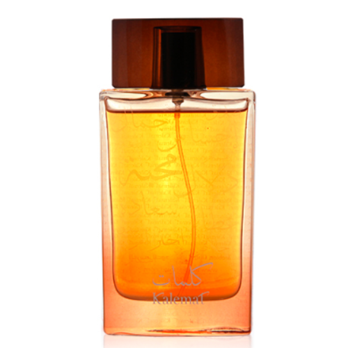 A bottle of orange perfume on a white background.