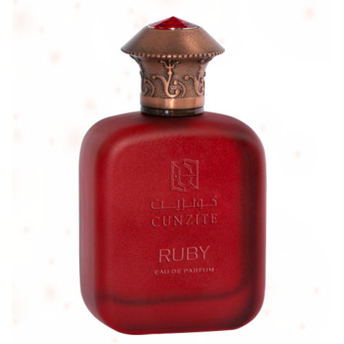  A bottle of perfume with a red label on a white background.