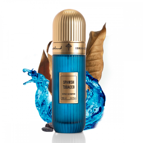 A bottle of perfume with blue water and leaves, creating a refreshing and natural fragrance.