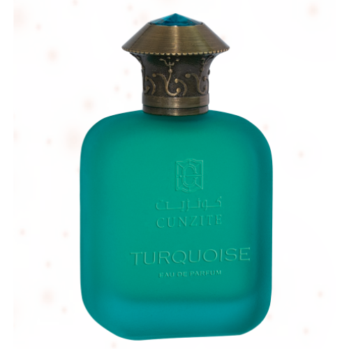 A bottle of turquoise perfume on a white background.