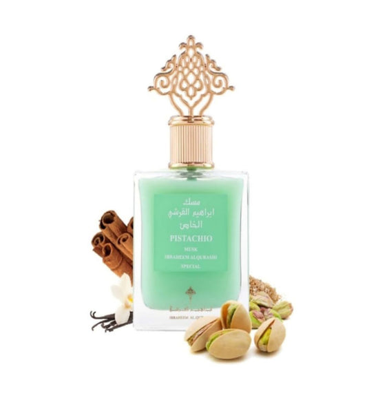 A bottle of perfume made with pistachio and cinnamon, perfect for a warm and inviting scent.